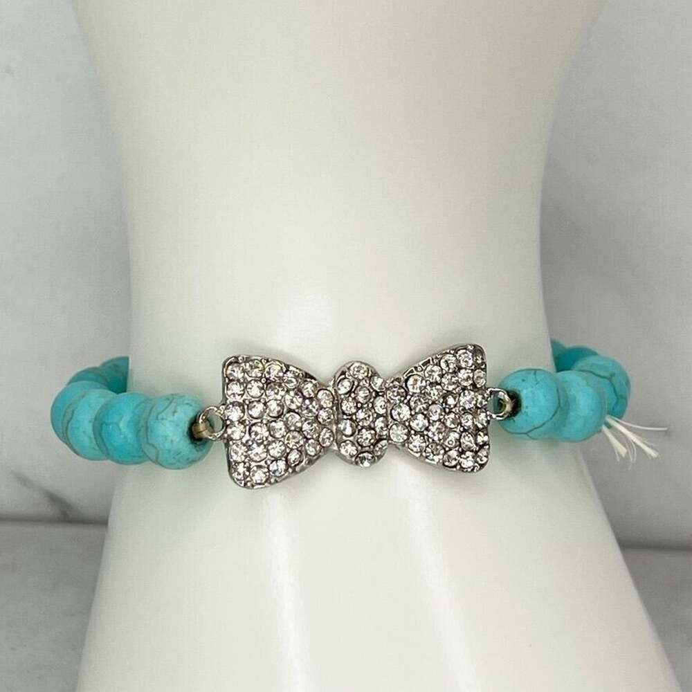 Faux Turquoise Rhinestone Bow Beaded Stretch Bracelet